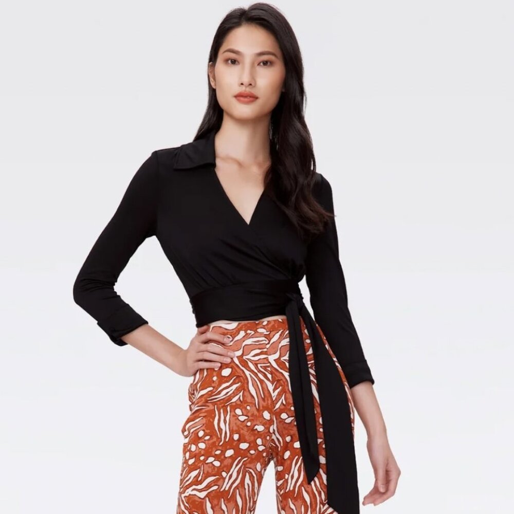 DVF Wrap-Look Jersey Top Lightweight Soft Knit Rayon in Black Womens SM